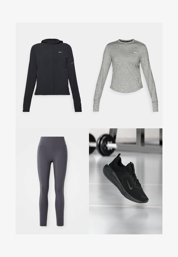 Black hooded jacket with long sleeves, made from lightweight material. Features a front zipper, a Nike logo, and subtle design accents.; Gray long-sleeve athletic shirt made from a textured, lightweight fabric. Features a rounded hem and small white logo on the left chest.; High-waisted leggings made of smooth, stretchy fabric in a dark gray color. Features a seamless design with no visible pockets or patterns.; Black sports sneaker with Nike logo, shown mid-air on gym floor, with blurred dumbbell rack in background.