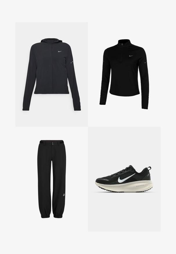 Zwarte kaptrui met lange mouwen, gemaakt van lichtgewicht materiaal. Voorzien van een ritssluiting aan de voorkant, een Nike-logo en subtiele ontwerpelementen.; Zwarte lange mouw sporttop met een halve rits, kraag, reflecterend Nike-logo en flatlock naden voor comfort en een nauwsluitende pasvorm.; Zwarte broeken van een lichtgewicht stof, met een knoopsluiting, klittenbandaccenten bij de taille en elastische boorden bij de enkels.; Zwarte Nike hardloopschoen met ademend mesh bovenwerk, witte swoosh-logo, gestructureerde details en een crèmekleurige ZoomX middenzool.