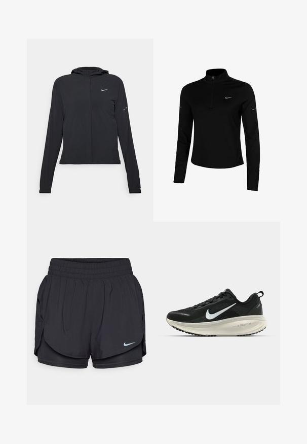Černá kapucňová bunda s dlouhými rukávy, vyrobená z lehkého materiálu. Obsahuje přední zip, logo Nike a decentní designové akcenty.; Černý dlouhý rukáv atletického topu s polo zipem, límečkem, reflexním logem Nike a plochými švy pro pohodlí a těsné padnutí.; Černé sportovní šortky s širokým elastickým pasem, bočními kapsami a logem Nike. Vyrobeny z lehké tkaniny, která odvádí vlhkost.; Černá běžecká obuv Nike s prodyšným síťovaným svrškem, bílým logem swoosh, texturovanými detaily a krémovou mezipodešví ZoomX.