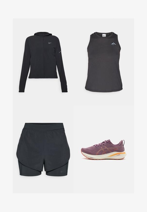 Giacca nera con cappuccio e maniche lunghe, realizzata in materiale leggero. Presenta una zip frontale, il logo Nike e accenti di design sottili.; Top sportivo nero con scollatura rotonda, caratterizzato da un piccolo logo blu sul petto e un tessuto morbido e leggero.; Shorts sportivi neri con un design a strati, caratterizzati da uno strato esterno morbido e da pantaloni interni aderenti. Realizzati in tessuto leggero e elasticizzato.; Scarpa da corsa viola con tomaia testurizzata, accenti arancioni, suola ammortizzata e un logo prominente sul lato. Presenta lacci e una linguetta sul tallone.