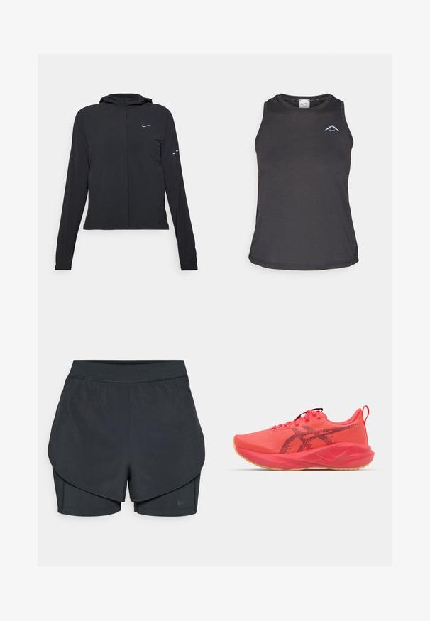 Veste à capuche noire avec des manches longues, fabriquée en matériau léger. Elle comporte une fermeture éclair à l'avant, un logo Nike et des accents de design subtils.; Débardeur de sport noir avec un col rond, arborant un petit logo bleu sur la poitrine et un tissu lisse et léger.; Shorts de sport noirs avec un design superposé, présentant une couche extérieure lisse et des shorts intérieurs ajustés. Fabriqués en tissu léger et extensible.; Chaussure de sport rose vif avec tige synthétique, semelle en caoutchouc, col rembourré, texture en maille et accents de logo noir sur le côté.