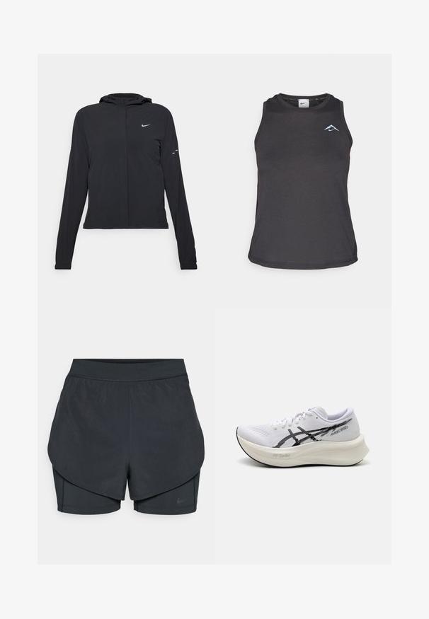Chaqueta negra con capucha y mangas largas, hecha de un material ligero. Presenta un cierre frontal, un logo de Nike y acentos de diseño sutiles.; Camiseta deportiva negra sin mangas con escote redondo, que presenta un pequeño logotipo azul en el pecho y una tela suave y ligera.; Pantalones cortos deportivos negros con un diseño en capas, que cuentan con una capa exterior suave y pantalones cortos interiores ajustados. Fabricados con una tela ligera y elástica.; ASICS MAGIC SPEED - Zapatillas running asfalto - white/black
