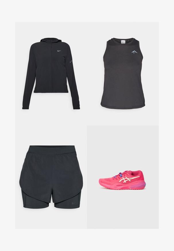 Schwarze Kapuzenjacke mit langen Ärmeln, aus leichtem Material gefertigt. Sie hat einen vorderen Reißverschluss, ein Nike-Logo und dezente Designelemente.; Schwarzes, sportliches Trägershirt mit rundem Ausschnitt, das ein kleines blaues Logo auf der Brust und einen glatten, leichten Stoff aufweist.; Schwarze sportliche Shorts mit einem geschichteten Design, das eine glatte äußere Schicht und eng anliegende innere Shorts umfasst. Hergestellt aus leichtem, dehnbarem Material.; Sportliche Schuhe in lebhaftem Pink, mit mesh-Textur, minimalistischem Design, weißen Akzenten und blauen Schnürsenkeln. Gebogene Sohle mit aerodynamischer Form.