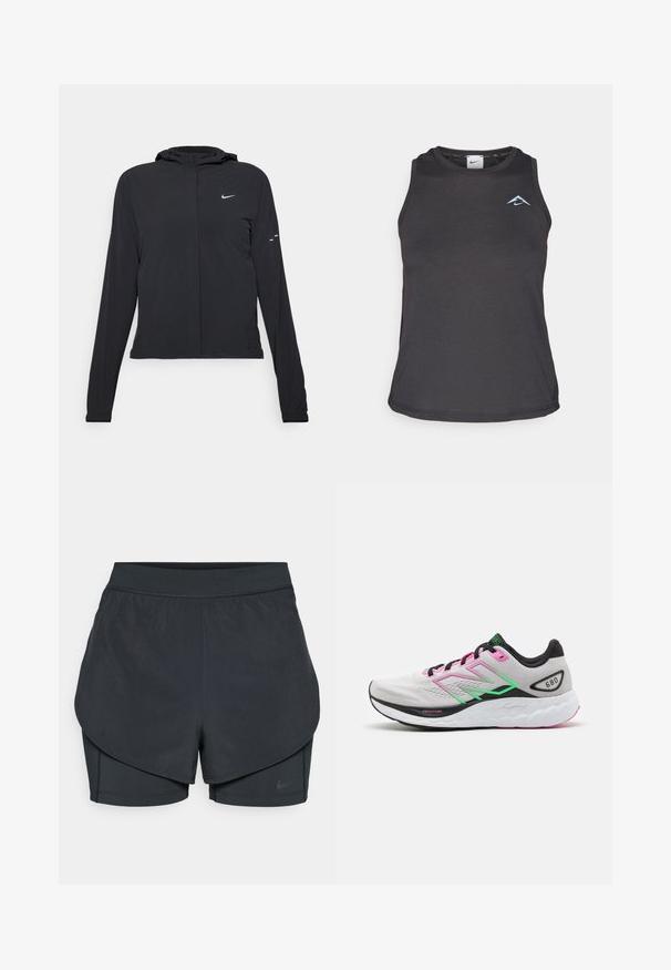 Černá kapucňová bunda s dlouhými rukávy, vyrobená z lehkého materiálu. Obsahuje přední zip, logo Nike a decentní designové akcenty.; Černý sportovní tílko s kulatým výstřihem, které má malé modré logo na prsou a hladkou, lehkou tkaninu.; Černé sportovní šortky se vrstveným designem, s hladkým vnějším pláštěm a přiléhavými vnitřními šortkami. Vyrobené z lehké, pružné tkaniny.; Lehká běžecká bota se šedým svrškem, růžovými a zelenými akcenty, a silnou bílou podrážkou s texturovanými vzory, označená jako "Fresh Foam."
