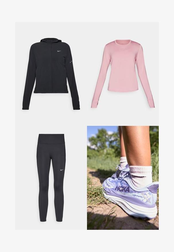 Giacca nera con cappuccio e maniche lunghe, realizzata in materiale leggero. Presenta una zip frontale, il logo Nike e accenti di design sottili.; Maglietta sportiva a maniche lunghe di colore rosa, realizzata in tessuto leggero e liscio, con scollatura rotonda e un sottile logo Nike sul petto.; Leggings neri realizzati in tessuto elasticizzato, con una vita alta e un logo Nike bianco sulla coscia sinistra. Tessuto liscio, design aderente.; HOKA STINSON 7 - Scarpe da trail running - cosmic sky/meteor