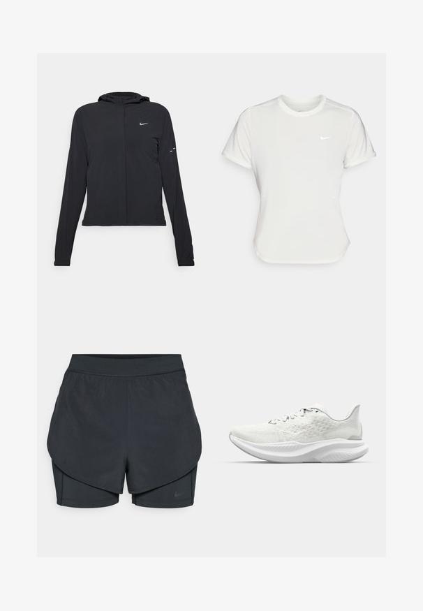 Casaco preto com capuz e mangas longas, feito de material leve. Apresenta um fecho dourado na frente, um logótipo da Nike e detalhes de design subtis.; T-shirt da Nike em branco, mangas curtas, decote redondo, feito de um tecido liso e leve. Apresenta um logo discreto no peito.; Calções desportivos pretos com um design em camadas, apresentando uma camada exterior suave e calções interiores ajustados. Feitos de um tecido leve e elástico.; Sapatos atléticos brancos com um upper texturizado, design de atacadores e uma sola almofadada com um perfil em forma de onda. Branding subtil na lateral.