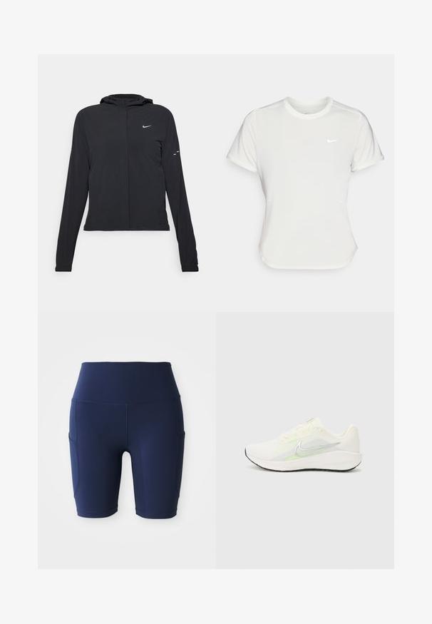 Black hooded jacket with long sleeves, made from lightweight material. Features a front zipper, a Nike logo, and subtle design accents.; Nike T-shirt in white, short sleeves, round neckline, made from a smooth, lightweight fabric. Features a subtle logo on the chest.; Navy blue, high-waisted biking shorts made of stretchy, smooth fabric; features side pockets and a fitted design.; Nike Performance DOWNSHIFTER 13 - Road running shoes - sail/silver-coloured photon dust/summit white/barely volt/black