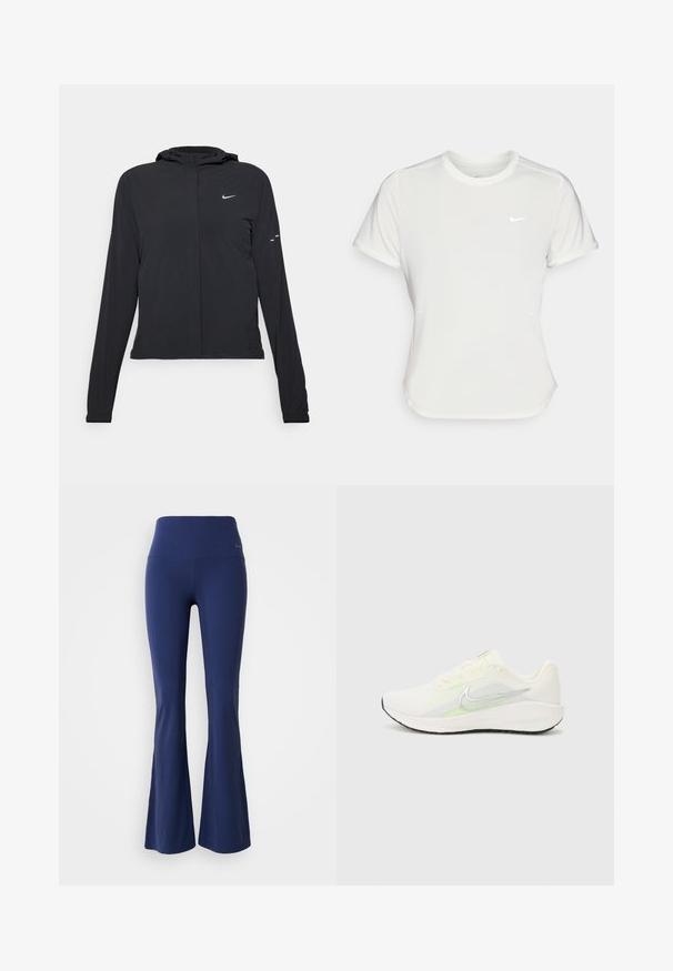 Black hooded jacket with long sleeves, made from lightweight material. Features a front zipper, a Nike logo, and subtle design accents.; Nike T-shirt in white, short sleeves, round neckline, made from a smooth, lightweight fabric. Features a subtle logo on the chest.; Navy blue flared leggings with a high waist, made from stretch fabric, featuring a smooth texture and subtle logo accent on the waistband.; Nike Performance DOWNSHIFTER 13 - Road running shoes - sail/silver-coloured photon dust/summit white/barely volt/black