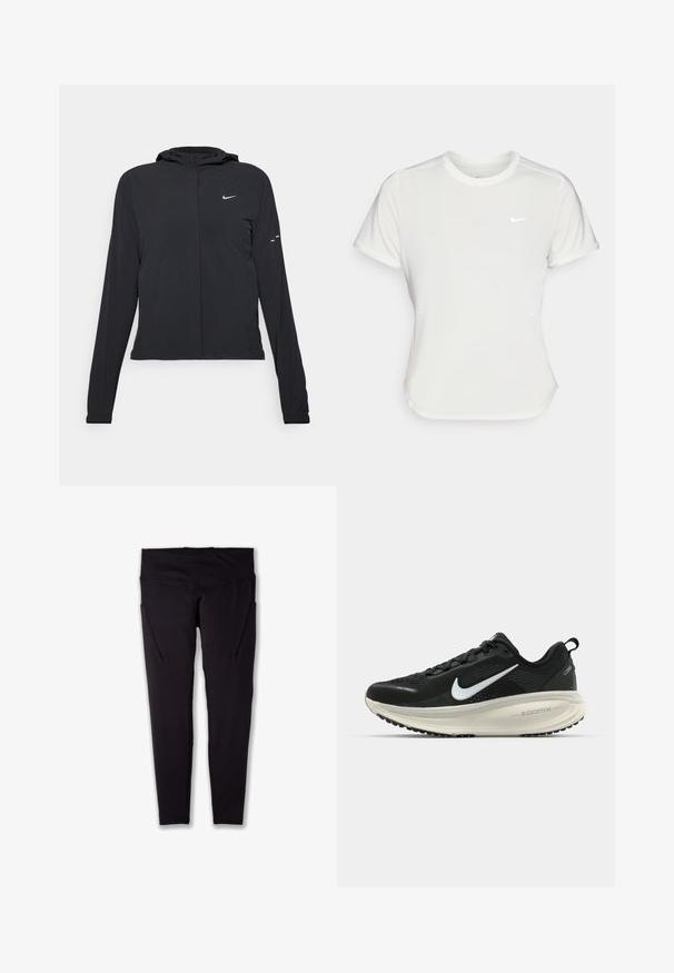 Giacca nera con cappuccio e maniche lunghe, realizzata in materiale leggero. Presenta una zip frontale, il logo Nike e accenti di design sottili.; T-shirt Nike bianco, maniche corte, scollatura rotonda, realizzata in un tessuto morbido e leggero. Presenta un logo discreto sul petto.; Leggings sportivi neri con vita alta, realizzati in tessuto elastico, dotati di tasche laterali e cuciture piatte per una vestibilità liscia.; Scarpa da corsa nera Nike con tomaia in rete traspirante, logo Swoosh bianco, dettagli testurizzati e intersuola ZoomX di colore crema.