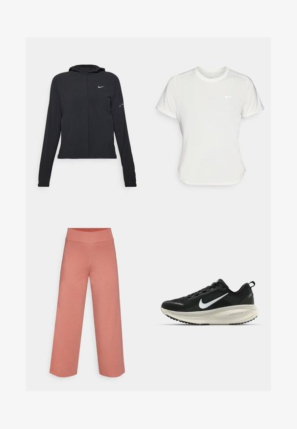 Mustassa hupparissa on pitkät hihat, ja se on valmistettu kevyestä materiaalista. Siinä on edessä vetoketju, Nike-logo ja hillityt muotoiluyksityiskohdat.; Nike T-paita valkoisena, lyhythihaisena, pyöreällä kaula-aukolla, valmistettu sileästä, kevyestä kankaasta. Rinnassa on huomaamaton logo.; Yogasearcher RAVANA FLOWY PANTS - Verryttelyhousut - cedar; Mustat Nike-juoksukengät, joissa on hengittävä verkko-osa, valkoinen swoosh-logo, teksturoitu yksityiskohtaus ja kermaisen värinen ZoomX-välipohja.