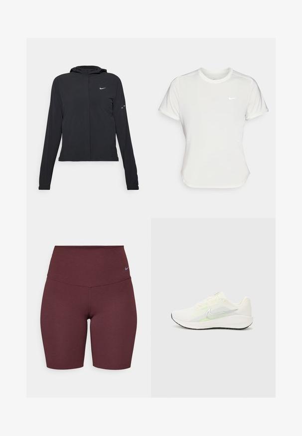 Čierna kapucňová bunda s dlhou rukávou, vyrobená z ľahkého materiálu. Má predný zips, logo Nike a jemné dizajnové akcenty.; Biele tričko Nike s krátkym rukávom a okrúhlym výstrihom, vyrobené z hladkej a ľahkej látky. Na hrudi má nenápadné logo.; Burgundské vysoké cyklistické šortky vyrobené z elastického materiálu so subtilným šedým logom Nike na ľavej strane. Hladká textúra.; Nike Performance DOWNSHIFTER 13 - Cestná bežecká obuv - sail/silver-coloured photon dust/summit white/barely volt/black