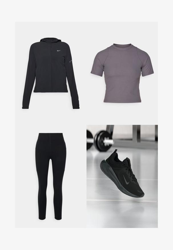 Črna kapuča s dolgimi rokavi, izdelana iz lahkega materiala. Ima sprednji zadrgo, logotip Nike in subtilne oblikovne detajle.; Majica kratkih rukavov z visokim ovratnikom iz rebraste sivo tkanine. Prilagojena zasnova z ravnimi šivi in gladko teksturo. Brez vzorcev ali grafik.; Črne hlače z visokim pasom, narejene iz raztegljivega materiala, z stranskimi žepi in gladkimi šivi za eleganten videz.; Črne športne teniske z logotipom Nike, prikazane v zraku na telovadni talni površini, v ozadju pa zamegljena vrsta uteži.