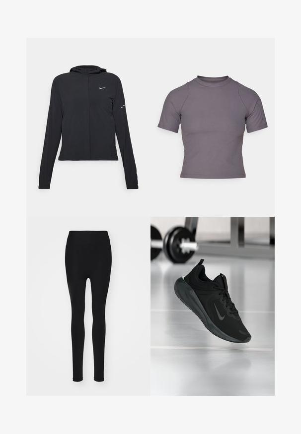 Casaco preto com capuz e mangas longas, feito de material leve. Apresenta um fecho dourado na frente, um logótipo da Nike e detalhes de design subtis.; Top de mangas curtas e gola alta em tecido cinza canelado. Design ajustado com costuras planas e uma textura suave. Sem padrões ou gráficos.; Leggings pretas com uma cintura elástica alta, feitos de um tecido elástico, apresentando uma textura suave e um design ajustado ao corpo.; Sapatilha desportiva preta com o logotipo da Nike, mostrada em pleno ar sobre o chão do ginásio, com um suporte de halteres desfocado ao fundo.