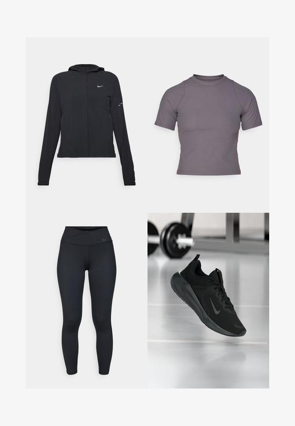 Jachetă neagră cu glugă, cu mâneci lungi, fabricată din material ușor. Dispune de un fermoar frontal, un logo Nike și accente de design subtile.; Cămașă cu mâneci scurte și gât înalt dintr-un material gri în dungi. Design ajustat cu cusături plate și o textură netedă. Fără motive sau grafică.; Leggings negre cu talie înaltă, cu design crossover. Realizate dintr-un material neted și elastic. Prezentarea include o marcă minimă aproape de talie și o croială ajustată.; Tenisii sport negru cu logo-ul Nike, arătați în aer deasupra podelei de sală de sport, cu un suport pentru haltere neclar în fundal.