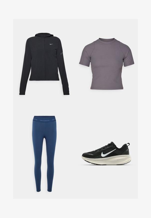 Casaco preto com capuz e mangas longas, feito de material leve. Apresenta um fecho dourado na frente, um logótipo da Nike e detalhes de design subtis.; Top de mangas curtas e gola alta em tecido cinza canelado. Design ajustado com costuras planas e uma textura suave. Sem padrões ou gráficos.; Leggings de comprimento total em azul marinho com faixa elástica na cintura, apresentando a marca "new balance" em letras azuis correspondentes.; Sapatilha de corrida Nike preta com parte superior de malha respirável, logotipo Swoosh branco, detalhes texturizados e uma entressola ZoomX na cor creme.