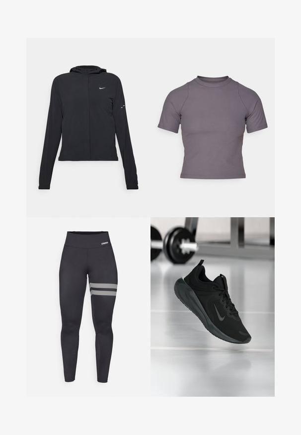Casaco preto com capuz e mangas longas, feito de material leve. Apresenta um fecho dourado na frente, um logótipo da Nike e detalhes de design subtis.; Top de mangas curtas e gola alta em tecido cinza canelado. Design ajustado com costuras planas e uma textura suave. Sem padrões ou gráficos.; Leggings atléticos de cintura alta pretos com duas riscas diagonais brancas na coxa direita e pequeno logotipo "STRONGER" na cintura.; Sapatilha desportiva preta com o logotipo da Nike, mostrada em pleno ar sobre o chão do ginásio, com um suporte de halteres desfocado ao fundo.