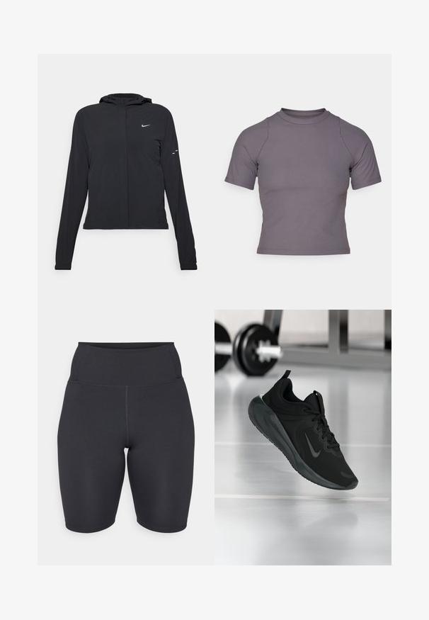 Casaco preto com capuz e mangas longas, feito de material leve. Apresenta um fecho dourado na frente, um logótipo da Nike e detalhes de design subtis.; Top de mangas curtas e gola alta em tecido cinza canelado. Design ajustado com costuras planas e uma textura suave. Sem padrões ou gráficos.; Calções de ciclismo pretos de cintura alta feitos de um tecido liso e elástico; apresentam costuras planas e um design ajustado para conforto e apoio.; Sapatilha desportiva preta com o logotipo da Nike, mostrada em pleno ar sobre o chão do ginásio, com um suporte de halteres desfocado ao fundo.