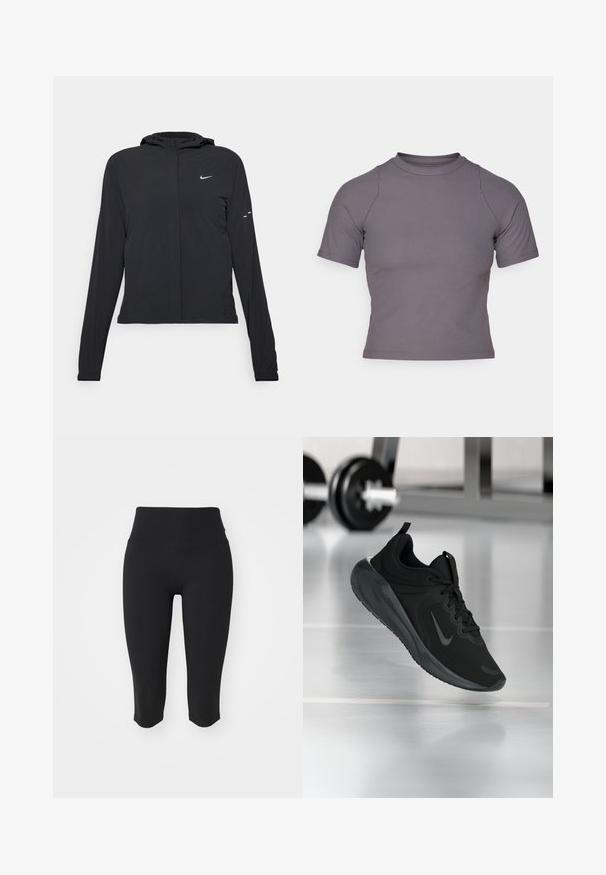 Must musta kapuutsiga jakk, millel on pikad varrukad ja mis on valmistatud kergetest materjalidest. Omab esitaskut, Nike logo ja kergelt silmatorkavaid disainiaktsente.; Lühikeste varrukatega kõrge kaelusega topp ribaliselt hallist kangast. Üks liigend disain siledate õmblustega ja sujuva tekstuuriga. Mustrit ega graafikat ei ole.; Mustad mustade kapri retuusid kõrge vöökoha ja siledast, elastsest kangast. Omab lihtsat disaini, ilma nähtavate detailide või mustriteta.; Mustad mustang spordijalatsid Nike logo'ga, õhus spordisaali põrandal, häguste hantlite riiulitega taustal.