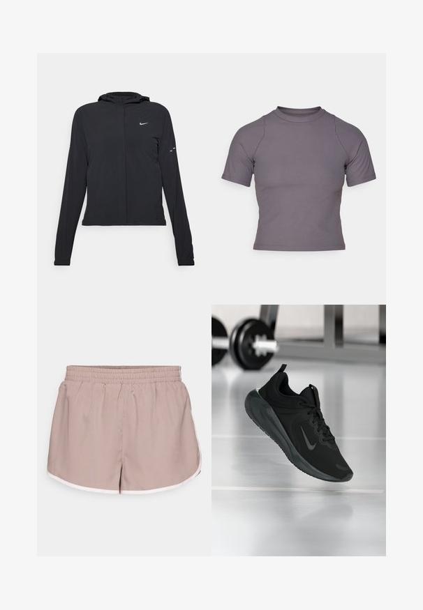 Fekete kapucnis dzseki hosszú ujjakkal, könnyű anyagból készült. Elülső cipzárral, Nike logóval és diszkrét dizájn elemekkel rendelkezik.; Rövidujjú, magas nyakú felső bordázott, szürke anyagból. Testhezálló kialakítás lapos varrásokkal és sima textúrával. Minták vagy grafikák nincsenek rajta.; Sportos rövidnadrág világos bézs szövetből, rugalmas derékrésszel, kontrasztos fehér díszítéssel az éleken és lazább fazonnal.; Fekete sportcipő Nike logóval, amely a levegőben látható az edzőterem padlóján, a háttérben elmosódott kézi súlyzó állvánnyal.