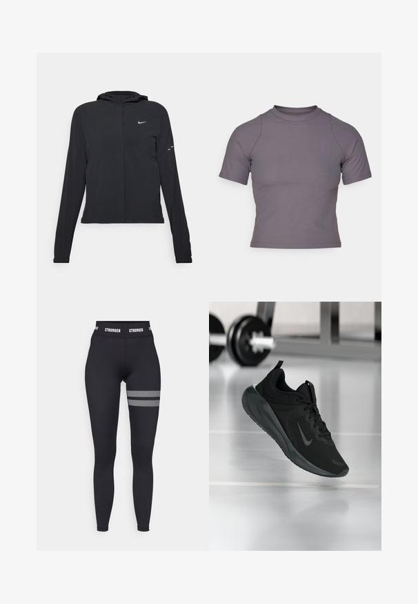 Black hooded jacket with long sleeves, made from lightweight material. Features a front zipper, a Nike logo, and subtle design accents.; Short-sleeve, high-neck top in ribbed, gray fabric. Fitted design with flat seams and a smooth texture. No patterns or graphics present.; Black leggings with a high waist, featuring a white "STRONGER" logo on the waistband and mesh accents in horizontal stripes on the thigh.; Black sports sneaker with Nike logo, shown mid-air on gym floor, with blurred dumbbell rack in background.