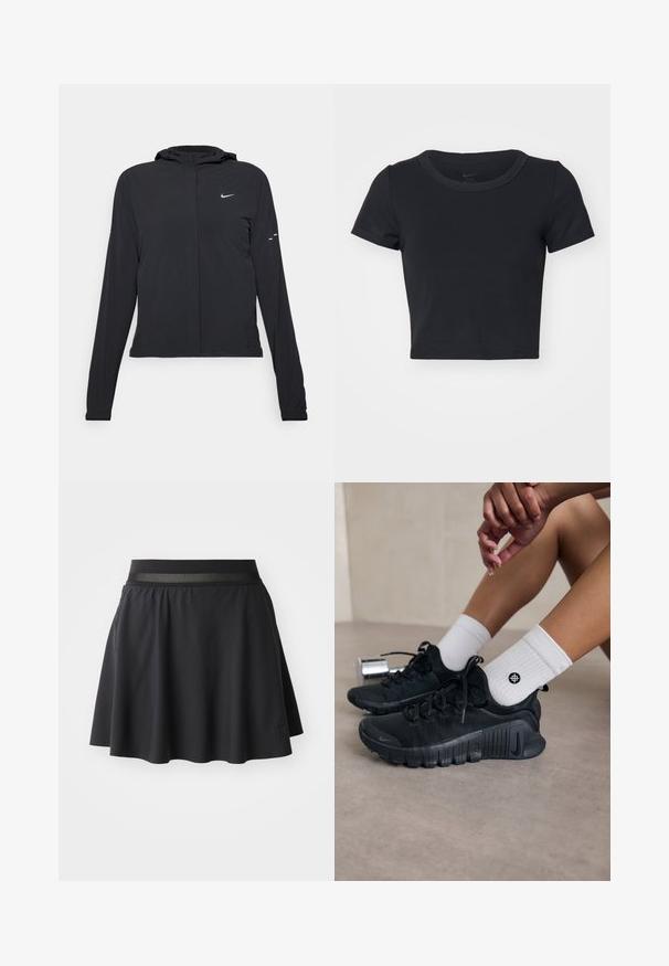 Črna kapuča s dolgimi rokavi, izdelana iz lahkega materiala. Ima sprednji zadrgo, logotip Nike in subtilne oblikovne detajle.; Črna kratka majica iz mehkega, raztegljivega materiala. Ima okroglo izrezan ovratnik in kratke rokave s preprostim dizajnom.; Črna atletska krilo s stisnjenim dizajnom, elastičnim pasom z mrežnim poudarkom in logotipom na spodnjem delu.; Črne športne čevlje z teksturirano tkanino, vezanim dizajnom in izrazitim podplatom, v kombinaciji z belimi rebrastimi nogavicami z majhnim logotipom.