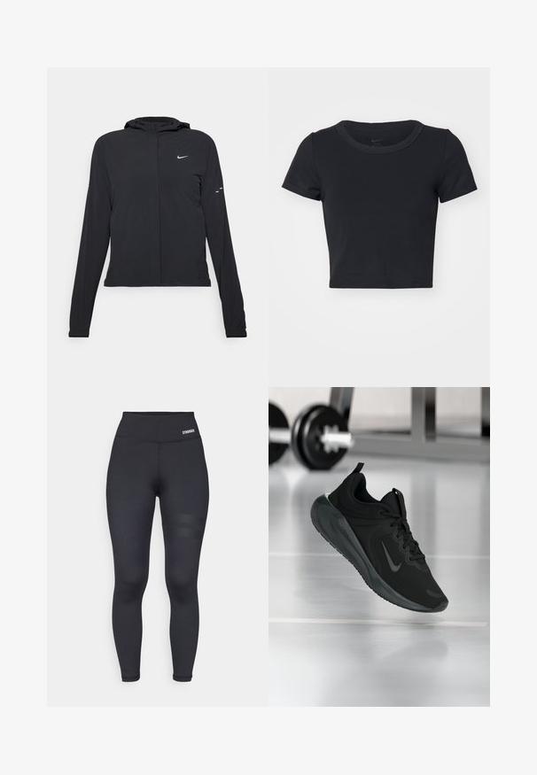 Black hooded jacket with long sleeves, made from lightweight material. Features a front zipper, a Nike logo, and subtle design accents.; Black cropped T-shirt made of soft, stretchy fabric. Features a round neckline and short sleeves with a simple design.; Black high-waisted leggings with a smooth texture, featuring a branded waistband and two horizontal stripes on the thigh for detail.; Black sports sneaker with Nike logo, shown mid-air on gym floor, with blurred dumbbell rack in background.