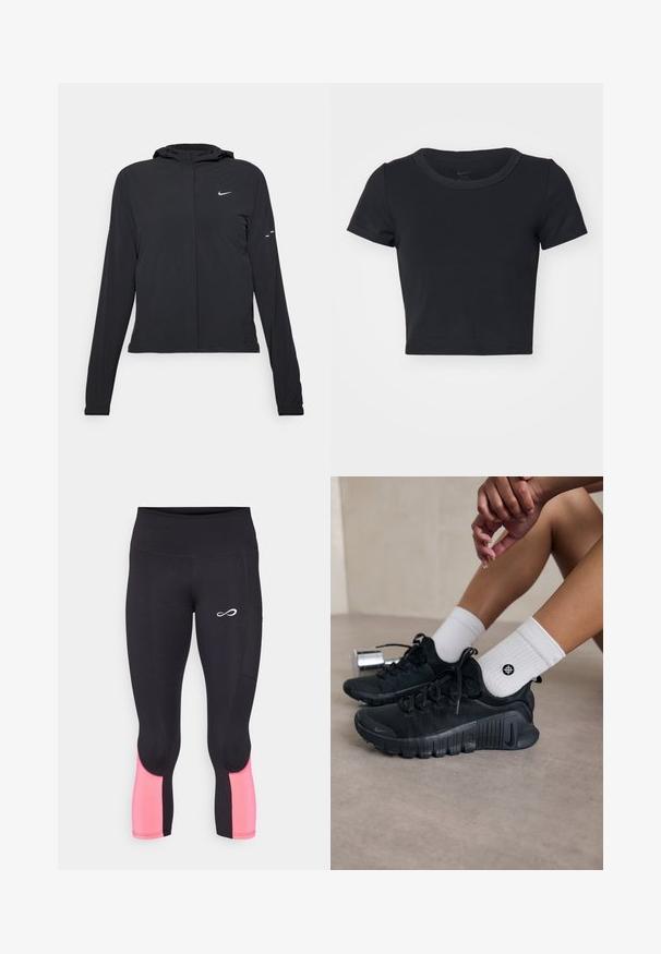 Svart hettegenser med lange ermer, laget av lett materiale. Har glidelås foran, Nike-logo og subtile design detaljer.; Svart avkortet T-skjorte laget av myk, elastisk stoff. Har rund hals og korte ermer med et enkelt design.; Endless LIFT - 3/4 sports trousers - black/bright coral; Svarte idrettssko med teksturert stoff, snøring og en fremtredende såle, sammen med hvite ribbestrikkede sokker med en liten logo.