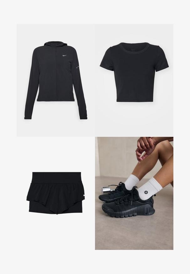 Svart huva jacka med långa ärmar, gjord av lätt material. Har en framdragare, en Nike-logotyp och subtila designelement.; Svart kortärmad t-shirt i mjukt och elastiskt material. Har rund halsringning och korta ärmar med en enkel design.; Svarta sportshorts med ett lager av volangdesign. Det yttre lagret är slätt, medan det inre har ett texturerat, perforerat tyg.; Svarta sportskor med texturerat tyg, snörning och en framträdande sula, tillsammans med vita ribbade strumpor med en liten logotyp.