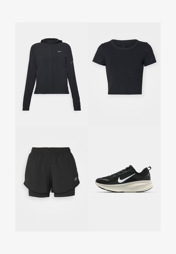 Schwarze Kapuzenjacke mit langen Ärmeln, aus leichtem Material gefertigt. Sie hat einen vorderen Reißverschluss, ein Nike-Logo und dezente Designelemente.; Schwarzes, kurz geschnittenes T-Shirt aus weichem, dehnbarem Stoff. Verfügt über einen runden Halsausschnitt und kurze Ärmel mit einem schlichten Design.; Schwarze Sportshorts mit elastischem Bund, ausgestattet mit einem gestuften Design und einem inneren Futter. Der Stoff wirkt leicht und glatt.; Schwarzer Nike-Laufschuh mit atmungsaktivem Mesh-Obermaterial, weißem Swoosh-Logo, strukturierten Details und einer cremefarbenen ZoomX-Zwischensohle.