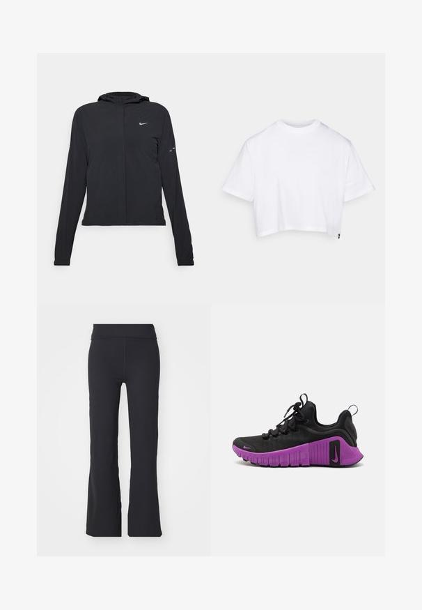 Črna kapuča s dolgimi rokavi, izdelana iz lahkega materiala. Ima sprednji zadrgo, logotip Nike in subtilne oblikovne detajle.; Bela skrajšana majica iz mehkega bombaža, ki ima kratke rokave, okroglo ovratnico in čist, minimalističen dizajn.; Črne razširjene hlače iz raztegljive tkanine z visokim pasom. Imajo čiste linije in gladko teksturo, primerne za vsakodnevno nošenje.; Črne atletske čevlje z zgornjim delom iz teksturirane tkanine, vijoličnim gumijastim podplatom in debelim vzorcem za oprijem. Imajo vezalke in majhno Nike logo.