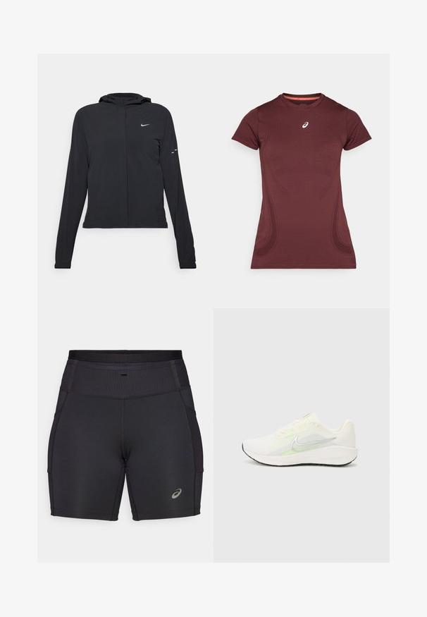 Must musta kapuutsiga jakk, millel on pikad varrukad ja mis on valmistatud kergetest materjalidest. Omab esitaskut, Nike logo ja kergelt silmatorkavaid disainiaktsente.; Burgundia värvi sportlik t-särk lühikeste varrukatega, kitsas lõige, niiskust hülgav kangas ja peened kaarekujulised disainid külgedel.; Mustad mustrenditud lühikesed püksid, mis on valmistatud venivast kangast. Omavad kõrget ribaga pihaosa ja küljetaskuid. Sisaldab peegeldavat logo aktsenti.; Nike Performance DOWNSHIFTER 13 - Maanteejooksu jalatsid - sail/silver-coloured photon dust/summit white/barely volt/black
