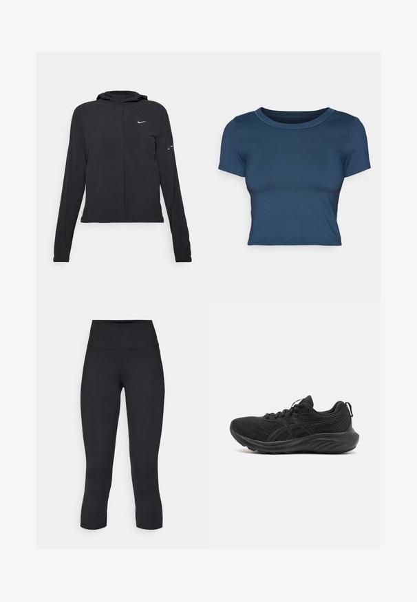 Must musta kapuutsiga jakk, millel on pikad varrukad ja mis on valmistatud kergetest materjalidest. Omab esitaskut, Nike logo ja kergelt silmatorkavaid disainiaktsente.; Tumed sinaise värvi lühike t-särk, mis on valmistatud siledast, venivast kangast. Omab ümmargust kaelust ja lühikesi varrukaid, millel on lihtsad õmblusdetailid.; Mustad mustad õhukesed leggingud, mis on valmistatud venivast kangast, kõrge vöökoha ja siledaga, ilma nähtavate mustrite või metalldetailideta.; Mustad mustreebiga mustad spordijalatsid, hingav võrk, struktureeritud tald, ümar varvas ja tekstuuriga pind. Omab musti paelu ja logo detaile.