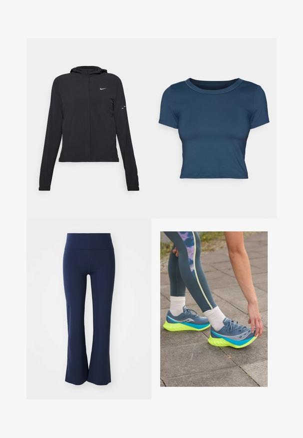 Czarna kurtka z kapturem, z długimi rękawami, wykonana z lekkiego materiału. Posiada zamek błyskawiczny z przodu, logo Nike oraz subtelne akcenty wzornicze.; Granatowa krótka koszulka z gładkiego, elastycznego materiału. Posiada okrągły dekolt oraz krótkie rękawy z prostymi detalami szycia.; Granatowe dzwony wykonane z elastycznego materiału z szerokim pasem. Gładka tekstura, bez widocznych wzorów czy detali metalowych.; Saucony ENDORPHIN PRO 4 żółty