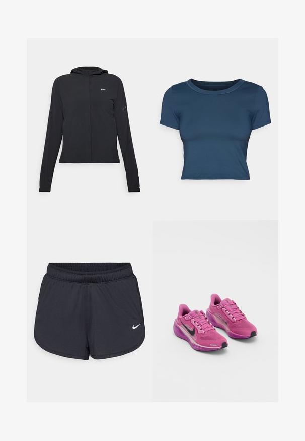 Mustassa hupparissa on pitkät hihat, ja se on valmistettu kevyestä materiaalista. Siinä on edessä vetoketju, Nike-logo ja hillityt muotoiluyksityiskohdat.; Lasku modri skrajšan majica s kratkimi rokavi, izdelana iz gladkega in raztegljivega materiala. Ima okroglo izrezano ovratnik in kratke rokave s preprostimi šivi.; Mustat urheilushortsit, jotka on valmistettu kevyestä ja hengittävästä kankaasta. Sisältää joustavan vyötärönauhan ja valkoisen Nike-logon oikeassa alareunassa.; Vaaleanpunaiset urheilukengät, joissa on verkkomateriaali päällä, musta Nike-viuhka, pehmustettu kaulus ja vaimennettu pohja. Varustettu heijastavilla yksityiskohdilla ja nauhoilla.