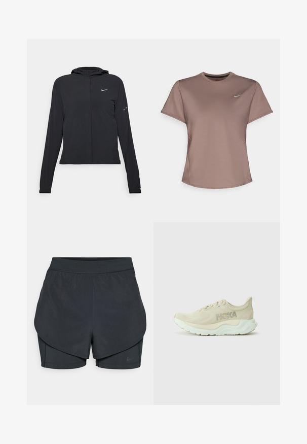 Black hooded jacket with long sleeves, made from lightweight material. Features a front zipper, a Nike logo, and subtle design accents.; Brown athletic t-shirt with a crew neck, short sleeves, and subtle side slit details. Features a small reflective Nike logo on the chest.; Black athletic shorts with a layered design, featuring a smooth outer layer and fitted inner shorts. Made of lightweight, stretch fabric.; Light beige running shoe with a textured mesh upper, cushioned midsole, and mint green outsole. Features Hoka branding on the side.