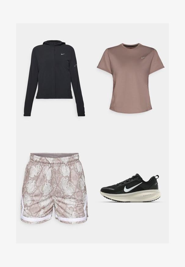 Crna jakna s kapuljačom i dugim rukavima, izrađena od laganog materijala. Ima prednji patentni zatvarač, Nike logo i suptilne dizajnerske detalje.; Smeđa atletska majica kratkih rukava s okruglim izrezom i suptilnim bočnim prorezima. Sadrži mali reflektirajući Nike logo na prsima.; Kratke hlače sa uzorkom zmijske kože u bež i bijeloj boji, s elastičnim pojasom i bijelim bočnim detaljima. Glatka tekstura, ležeran dizajn.; Crne Nike trkačke tenisice s prozračnom mrežastom gornjom konstrukcijom, bijelim swoosh logotipom, teksturiranim detaljima i kremastom ZoomX srednjom potplatnom jedinicom.