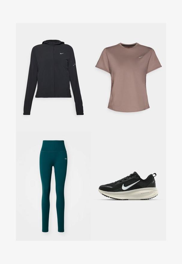 Must musta kapuutsiga jakk, millel on pikad varrukad ja mis on valmistatud kergetest materjalidest. Omab esitaskut, Nike logo ja kergelt silmatorkavaid disainiaktsente.; Pruun sportlik t-särk ümarate kaeluste, lühikeste varrukate ja peente külgslittidega. Rinnal on väike peegelduv Nike logo.; Tükis sinised kõrge vöökohtadega retuusid, mis on valmistatud ribakudumist. Omab siledat tekstuuri ja väikest logo vasakul puusal. Ilma mustrite ja kaunistusteta.; Musthave mustus Nike jooksujalats, millel on hingav võrgust ülemine osa, valge swoosh logo, tekstuuriga detailid ja kreemja värvusega ZoomX vahevöö.