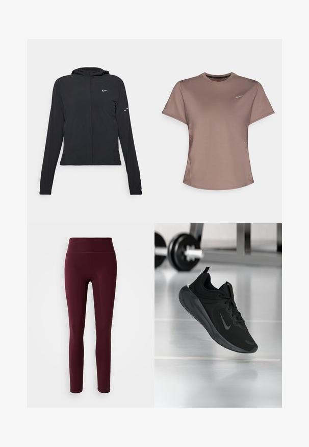 Veste à capuche noire avec des manches longues, fabriquée en matériau léger. Elle comporte une fermeture éclair à l'avant, un logo Nike et des accents de design subtils.; T-shirt de sport marron à col rond, manches courtes et détails subtils sur les côtés. Présente un petit logo réfléchissant de Nike sur la poitrine.; Leggings bordeaux avec une taille haute, fabriqués en tissu extensible, présentant une texture lisse et une coupe ajustée. Pas de motifs ni d'accents visibles.; Baskets de sport noires avec le logo Nike, montrées en l'air au-dessus d'un sol de gym, avec un rack de haltères flou en arrière-plan.