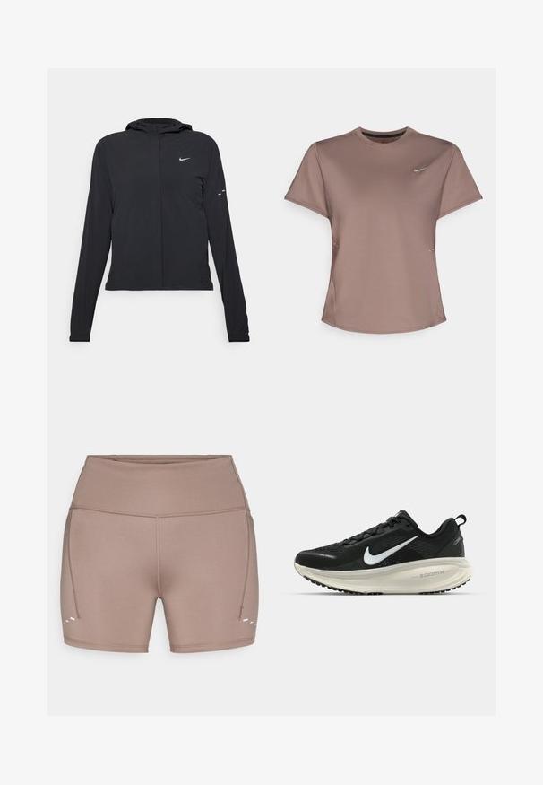 Black hooded jacket with long sleeves, made from lightweight material. Features a front zipper, a Nike logo, and subtle design accents.; Brown athletic t-shirt with a crew neck, short sleeves, and subtle side slit details. Features a small reflective Nike logo on the chest.; Brown, stretchy athletic shorts with a high waistband, side seam stitching, and three white accent lines near the hem.; Black Nike running shoe with breathable mesh upper, white swoosh logo, textured detailing, and a cream-colored ZoomX midsole.
