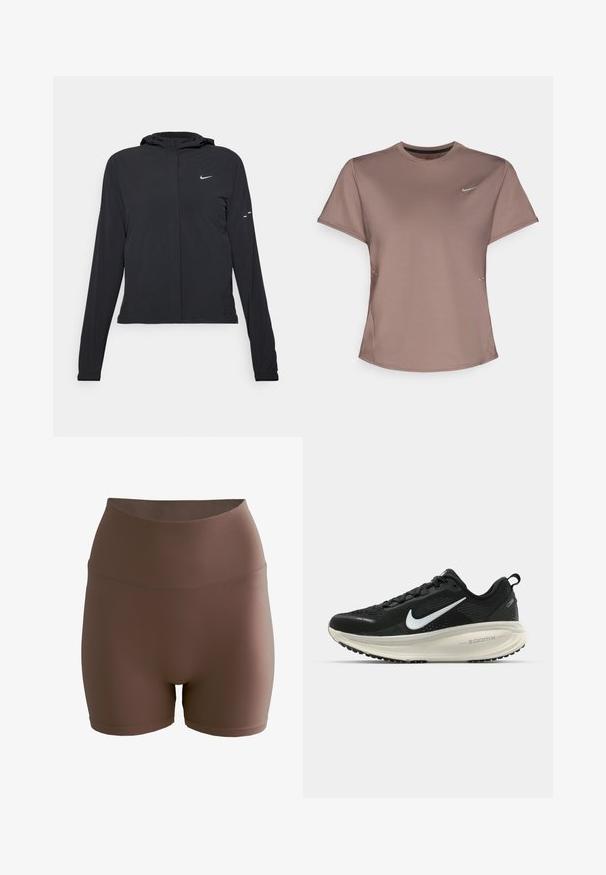 Sort hættetrøje med lange ærmer, lavet af letvægtsmateriale. Har en frontlynlås, et Nike-logo og subtile designaccenter.; Brun atletisk t-shirt med rund halsudskæring, korte ærmer og diskrete sidesplitter. Har et lille reflekterende Nike-logo på brystet.; aim’n® SHAPE SEAMLESS - Shorts - brown; Sort Nike løbesko med åndbart mesh-overdel, hvidt swoosh-logo, tekstureret detaljering og en cremede ZoomX mellemsål.
