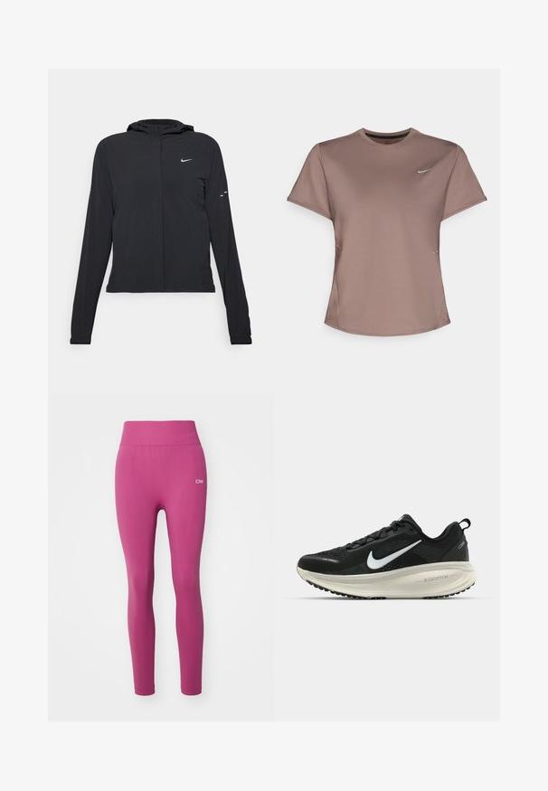 Must musta kapuutsiga jakk, millel on pikad varrukad ja mis on valmistatud kergetest materjalidest. Omab esitaskut, Nike logo ja kergelt silmatorkavaid disainiaktsente.; Pruun sportlik t-särk ümarate kaeluste, lühikeste varrukate ja peente külgslittidega. Rinnal on väike peegelduv Nike logo.; Kohandatud, kõrge vöökohtadega legginsid elava roosas kangas. Omab siledat tekstuuri, tugevdatud õmblusi ja väikest valget logo vöökoha peal.; Musthave mustus Nike jooksujalats, millel on hingav võrgust ülemine osa, valge swoosh logo, tekstuuriga detailid ja kreemja värvusega ZoomX vahevöö.