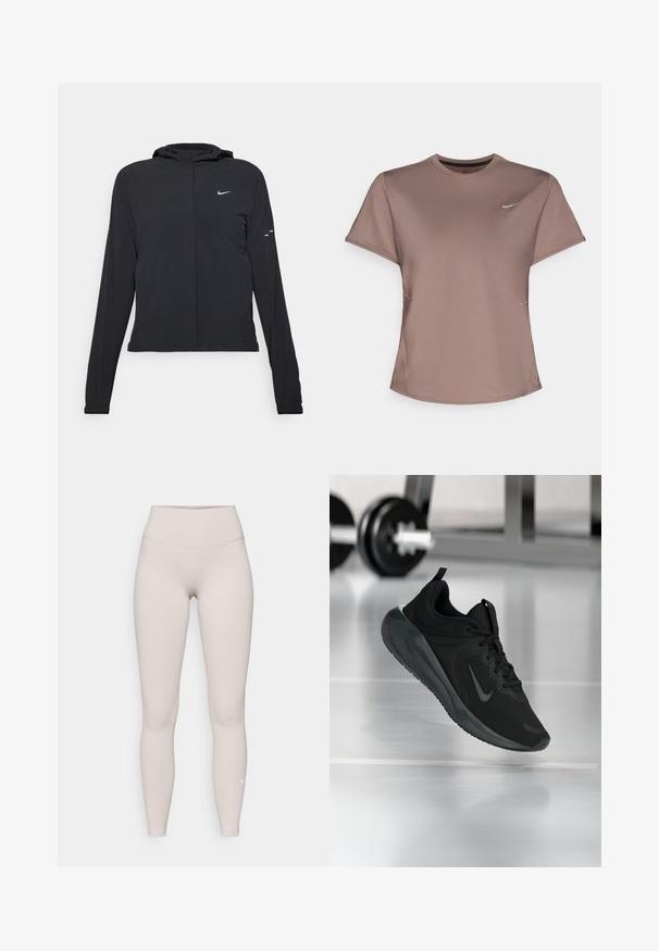 Black hooded jacket with long sleeves, made from lightweight material. Features a front zipper, a Nike logo, and subtle design accents.; Brown athletic t-shirt with a crew neck, short sleeves, and subtle side slit details. Features a small reflective Nike logo on the chest.; Beige high-waisted leggings made from soft, stretchy fabric, featuring a smooth texture and a small white logo near the ankle.; Black sports sneaker with Nike logo, shown mid-air on gym floor, with blurred dumbbell rack in background.