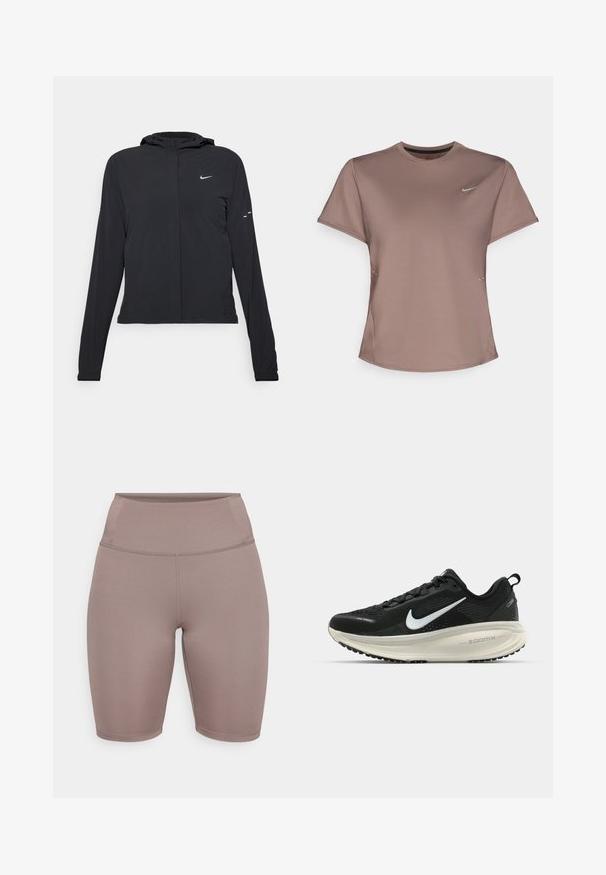 Črna kapuča s dolgimi rokavi, izdelana iz lahkega materiala. Ima sprednji zadrgo, logotip Nike in subtilne oblikovne detajle.; Rjava športna majica z okroglim izrezom, kratkimi rokavi in subtilnimi stranskimi razporki. Ima majhen odsevni Nike logo na prsih.; Kolesarske hlače v mehki taupe barvi, narejene iz elastičnega blaga. Imajo visok pas z gladkim pasom in brezšivno zasnovo.; Črne Nike tekaške čevlje z zračno mrežno zgornjim delom, belim logotipom Swoosh, teksturiranimi detajli in smetanasto barvnim srednjim delom ZoomX.