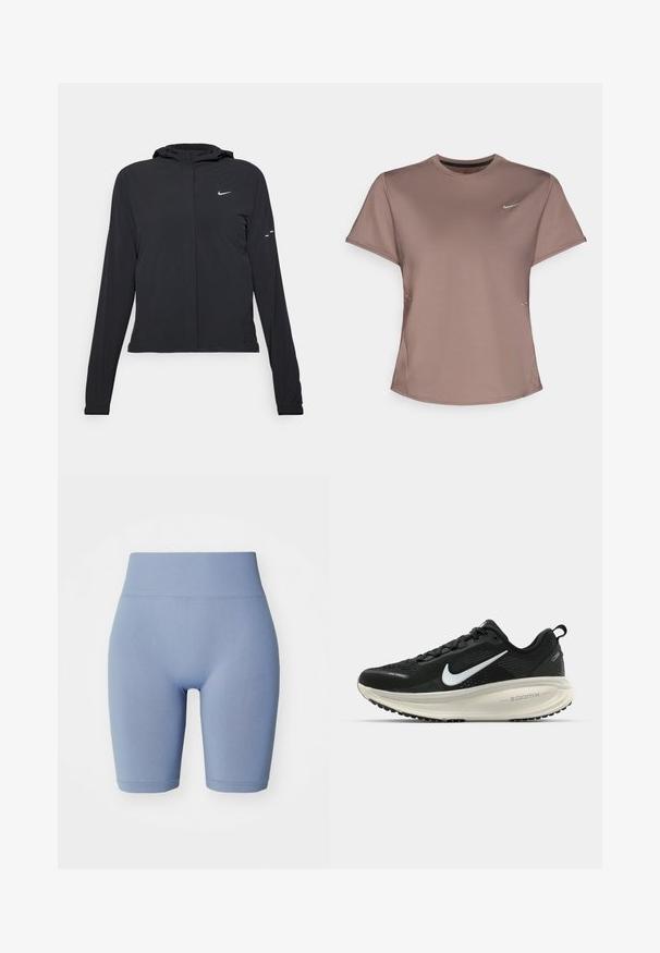 Černá kapucňová bunda s dlouhými rukávy, vyrobená z lehkého materiálu. Obsahuje přední zip, logo Nike a decentní designové akcenty.; Hnědý sportovní tričko s kulatým výstřihem, krátkými rukávy a jemnými bočními rozparky. Obsahuje malou reflexní značku Nike na hrudi.; Světle modré cyklistické kraťasy s vysokým elastickým pasem. Hladká textura, přiléhavý střih a délka do poloviny stehna. Bez vzorů nebo akcentů.; Černá běžecká obuv Nike s prodyšným síťovaným svrškem, bílým logem swoosh, texturovanými detaily a krémovou mezipodešví ZoomX.