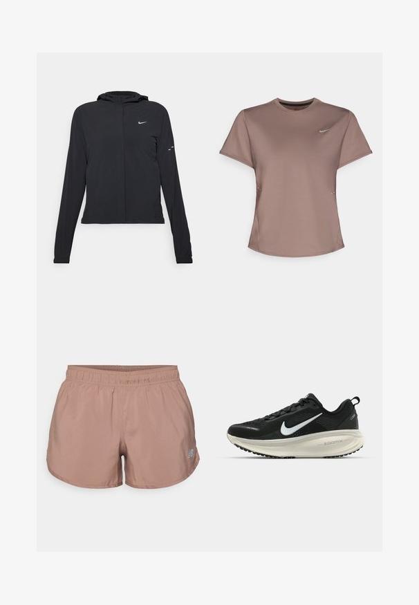 Schwarze Kapuzenjacke mit langen Ärmeln, aus leichtem Material gefertigt. Sie hat einen vorderen Reißverschluss, ein Nike-Logo und dezente Designelemente.; Braunes Sport-T-Shirt mit Rundhalsausschnitt, kurzen Ärmeln und dezenten Seitenschlitzen. Mit kleinem reflektierenden Nike-Logo auf der Brust.; Hellbraune Sportshorts mit elastischem Bund und kleinem reflektierenden Logo an der Seite. Hergestellt aus einem glatten, leichten Material.; Schwarzer Nike-Laufschuh mit atmungsaktivem Mesh-Obermaterial, weißem Swoosh-Logo, strukturierten Details und einer cremefarbenen ZoomX-Zwischensohle.