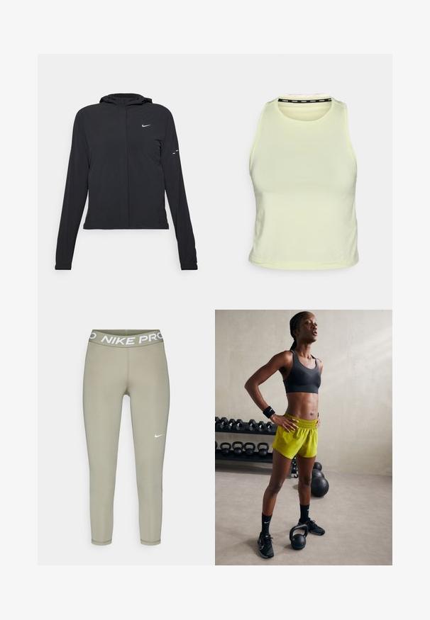 Giacca nera con cappuccio e maniche lunghe, realizzata in materiale leggero. Presenta una zip frontale, il logo Nike e accenti di design sottili.; Top corto senza maniche di un giallo chiaro, realizzato in un materiale morbido. Presenta un collo rotondo e un accento nero con il marchio all'interno del colletto.; Leggings in verde oliva chiaro, realizzati in tessuto elasticizzato. Presentano una cintura ampia in elastico con la scritta "NIKE PRO" e un piccolo logo bianco.; Reggiseno sportivo nero, pantaloni corti giallo brillante con vita elastica, scarpe da ginnastica nere e polsini, in piedi accanto a kettlebell.
