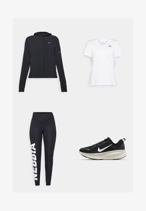 Jachetă neagră cu glugă, cu mâneci lungi, fabricată din material ușor. Dispune de un fermoar frontal, un logo Nike și accente de design subtile.; Tricou alb cu decolteu în V, realizat dintr-un material ușor, cu mâneci scurte și un mic logo negru pe pieptul stâng. Textură netedă.; Leggings negre cu talie înaltă, cu un design încrucișat în față. Prezintă o imprimare albă, decolorată cu "NEBBIA" pe piciorul stâng. Material neted și elastic.; Pantofii de alergare negri de la Nike, cu parte superioară din plasă respirabilă, logo-ul alb Swoosh, detalii texturate și o talpă intermediară ZoomX de culoare crem.