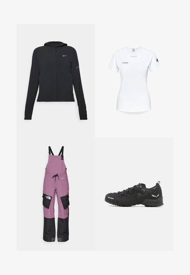 Czarna kurtka z kapturem, z długimi rękawami, wykonana z lekkiego materiału. Posiada zamek błyskawiczny z przodu, logo Nike oraz subtelne akcenty wzornicze.; Koszulka sportowa z krótkim rękawem w kolorze białym, z okrągłym dekoltem, z logo na piersi i gładką, lekką teksturą materiału.; Fioletowe wodoodporne ogrodniczki z czarnymi akcentami, regulowanymi ramiączkami, wieloma kieszeniami i detalem logo po lewej stronie.; Czarne buty trekkingowe z teksturowaną cholewką z tkaniny, systemem sznurowania i wytrzymałą gumową podeszwą. Udekorowane odblaskowymi detalami i logo.