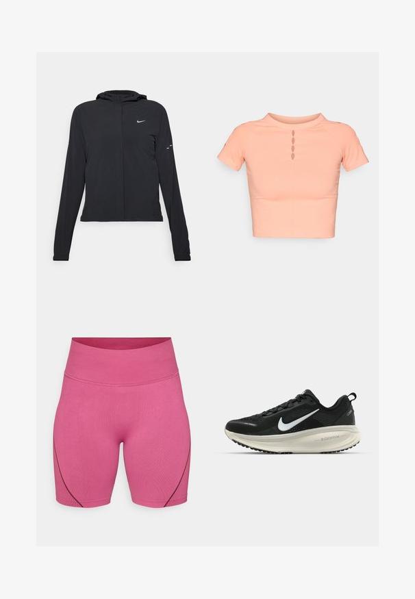 Crna jakna s kapuljačom i dugim rukavima, izrađena od laganog materijala. Ima prednji patentni zatvarač, Nike logo i suptilne dizajnerske detalje.; Kratki rukavi skraćeni top od mekanog breskvastog materijala, s visokim ovratnikom i redom od pet izreza sprijeda. Glatka tekstura, uski oblik.; Roze atletske kratke hlače od rastezljivog materijala, s visokim pojasom i suptilnom rebrastom teksturom, te kontrastnim tamnim šavovima sa strane.; Crne Nike trkačke tenisice s prozračnom mrežastom gornjom konstrukcijom, bijelim swoosh logotipom, teksturiranim detaljima i kremastom ZoomX srednjom potplatnom jedinicom.