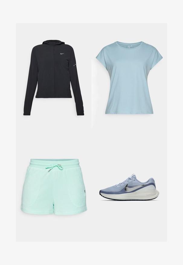 Melnā kapuci jaka ar garām piedurknēm, izgatavota no viegla materiāla. Tam ir priekšējais rāvējslēdzis, Nike logo un smalki dizaina akcenti.; Gaiši zila īsām piedurknēm T-kreklā, kas izgatavots no mīksta auduma. Iezīmē apļveida kakla izgriezumu, brīvu piegriezumu un nostiprinātas maliņas. Nav rakstu vai dekorācijām.; Minti zaļi šorti, kas izgatavoti no mīksta materiāla, ar aukliņu jostu, divām sānu kabatām un smalkām šuvēm.; Gaiši zila un balta Nike skrienošā apavi ar sudraba Swoosh logotipu, elpojošs sietiņaudums augšdaļā, mīksta zole un melna ārējā zole.